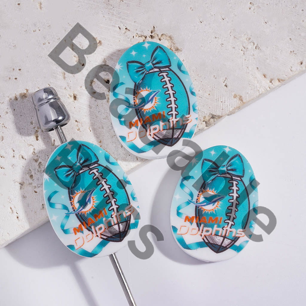 Silicone Focal Beads Oval Shape with Miami Football Prints
