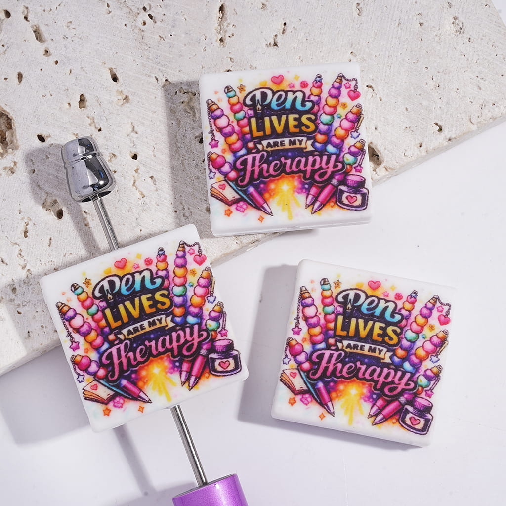 Flat Square Shape Silicone Focal Beads with Text "Pen LIVES ARE MY Therapy" and Pens Patterns