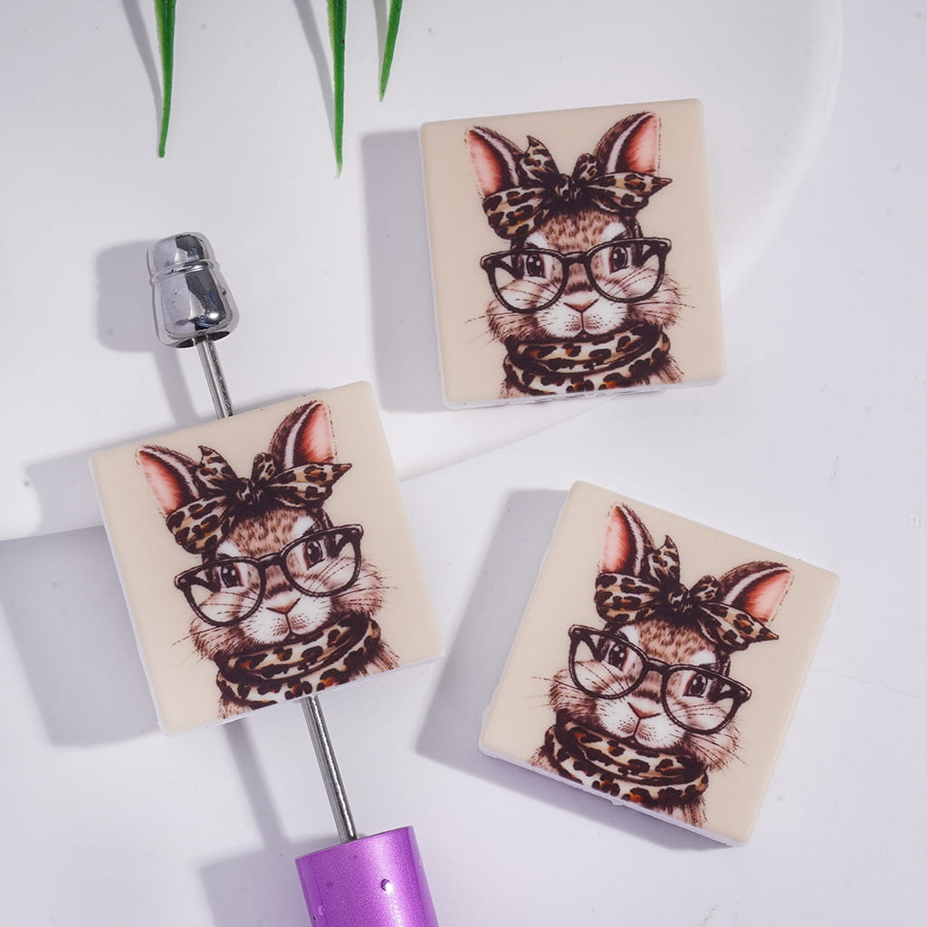 Cute Bunny Wearing Glasses and Leopard Neck Scarf Bowtie Print on Flat Square Shape Silicone Focal Beads