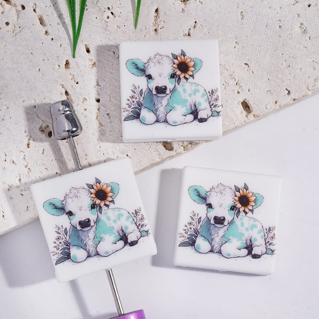 Mint Green Cow with Sunflower Hat Design Print on Flat Square Shape Silicone Focal Beads