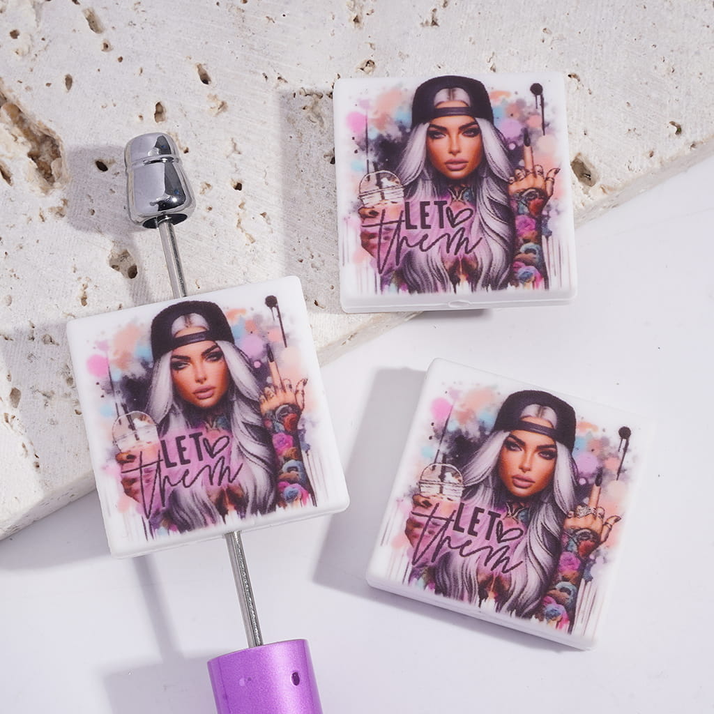 European Style Silver Hair Girl Character Flat Square Shape Silicone Focal Beads