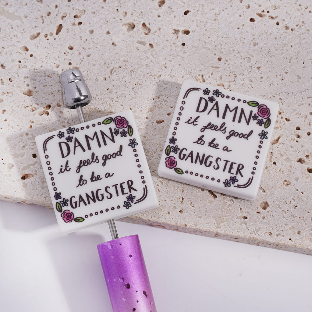 Flat Square Shape Silicone Focal Beads with Text "DAMN it feels good to be a GANGSTER" and Flowers Edge