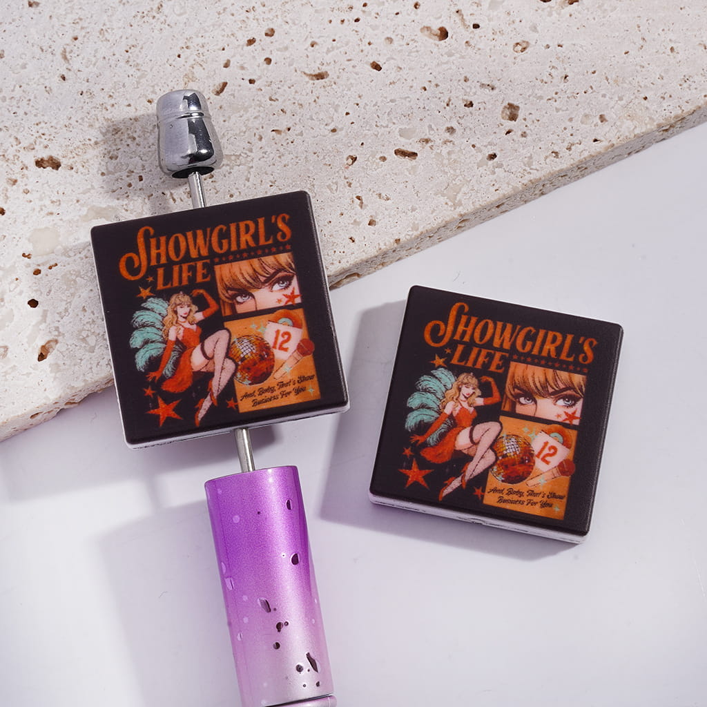 Flat Square Shape Silicone Focal Beads with Text “SHOWGIRLS LIFE” and Dancing Girl, Orange Theme