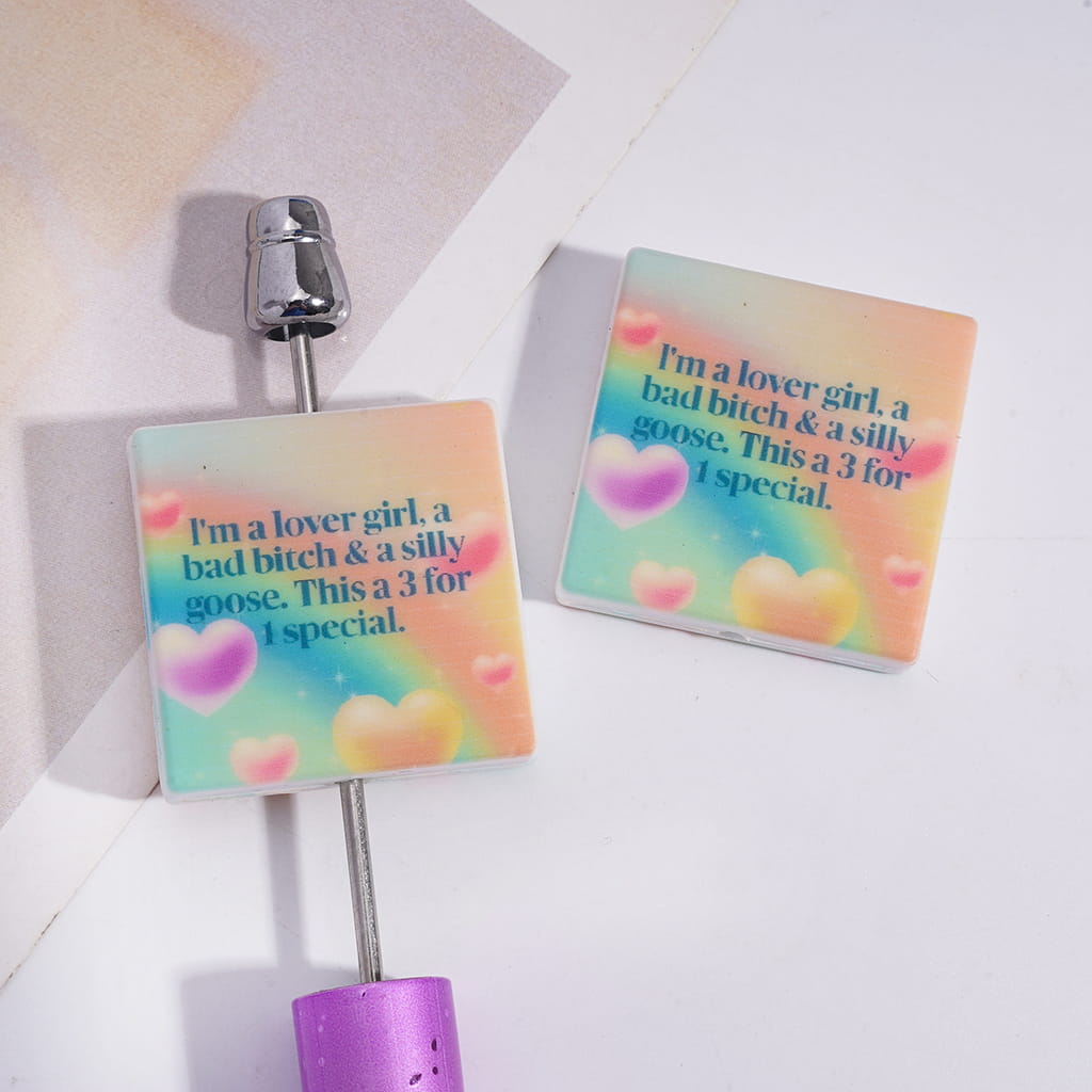Cute Rainbow Hearts and Playful Quote “Lover Girl 3-in-1 Special”, Flat Square Shape Silicone Focal Beads