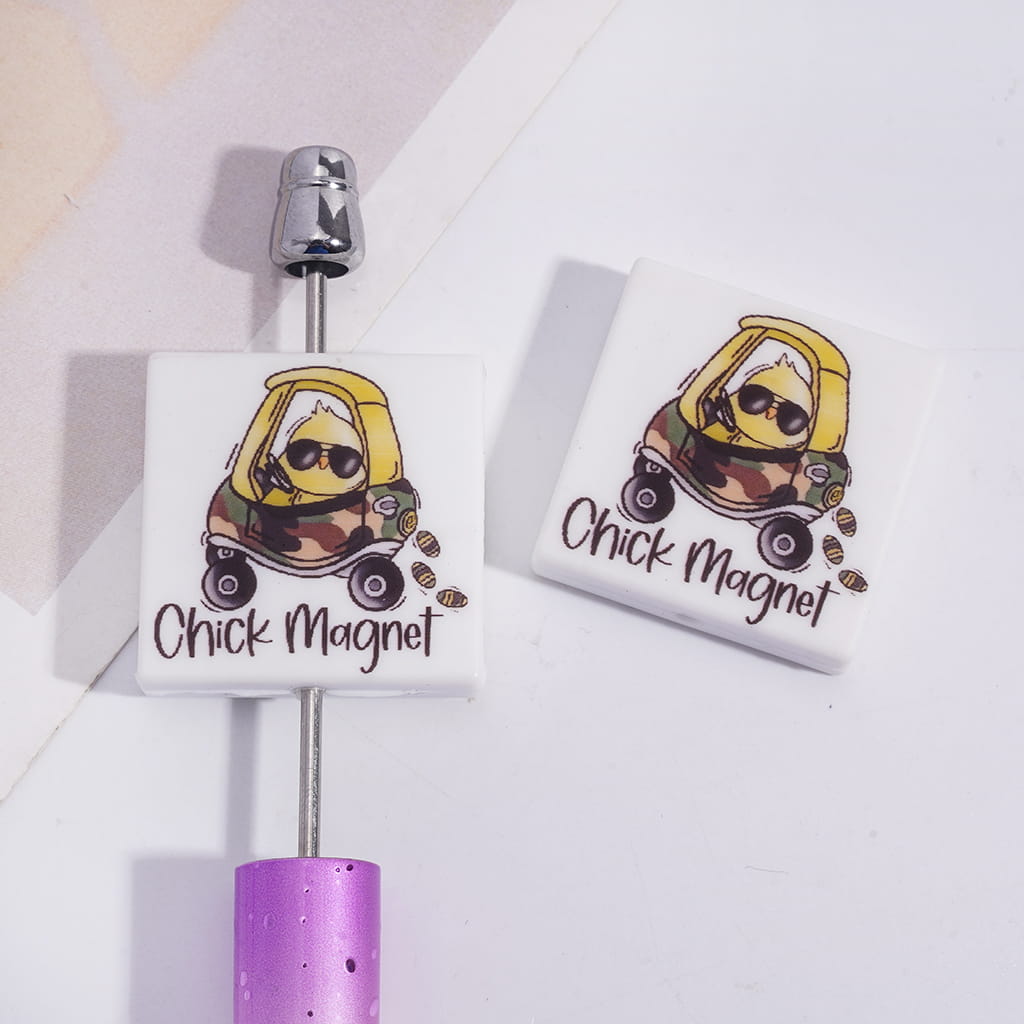 Cute Yellow Chick in Car with “Chick Magnet” Funny Quote Design, Flat Square Shape Silicone Focal Beads