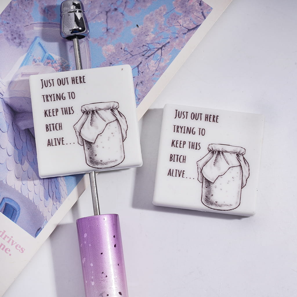 Funny Humor Quote with Text "JUST OUT HERE TRYING TO KEEP THIS Humor ALIVE" and Seal Jar Canister Patterns Flat Square Shape Silicone Focal Beads