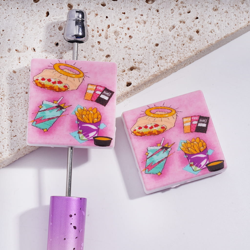 American Fast Food Pink Background Cartoon Style Flat Square Shape Silicone Focal Beads