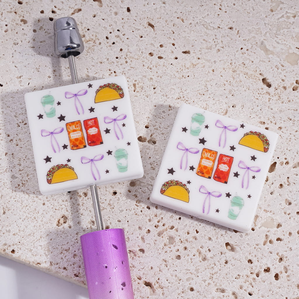 Black Star & Purple Bowtie Design Fast Food Theme Flat Square Shape Silicone Focal Beads