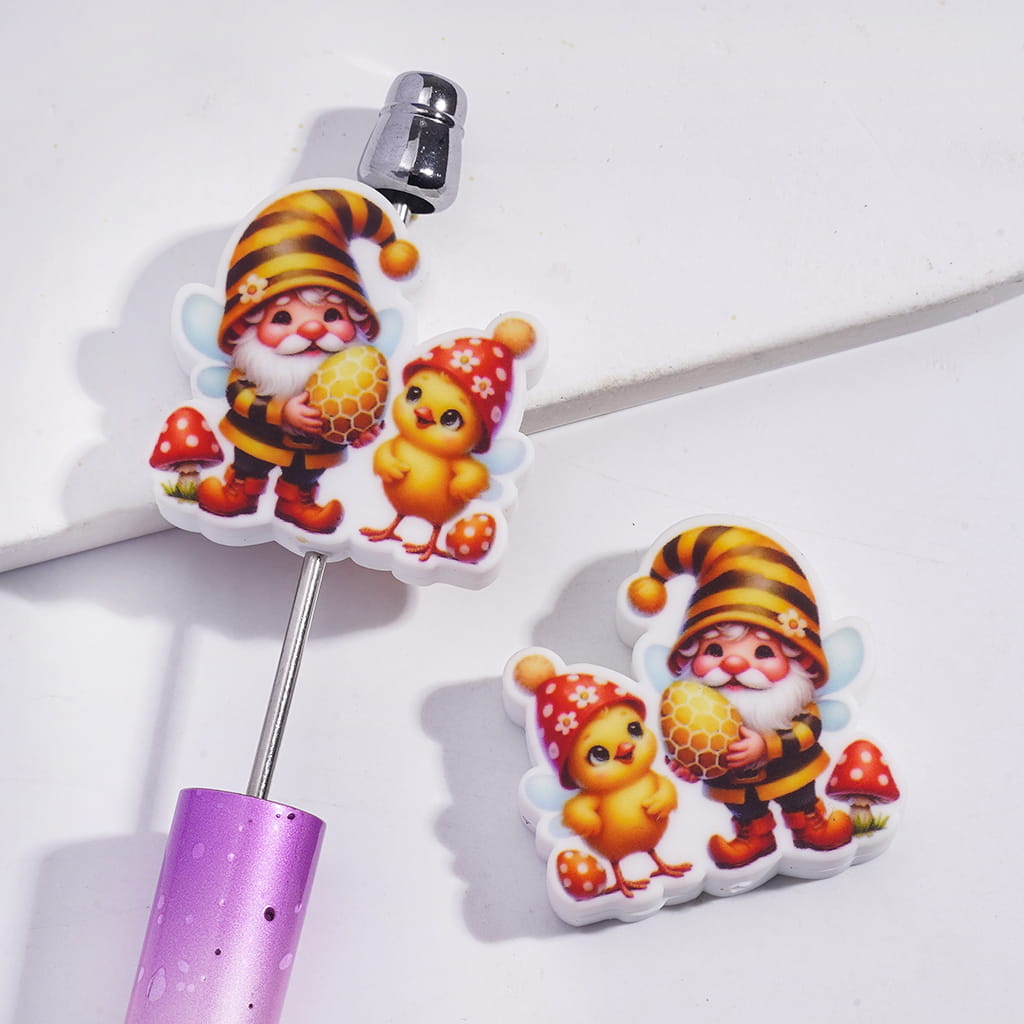 3D Gnome Elf Holding Honeycomb Golden Egg & Chick Easter Theme Design Silicone Focal Bead