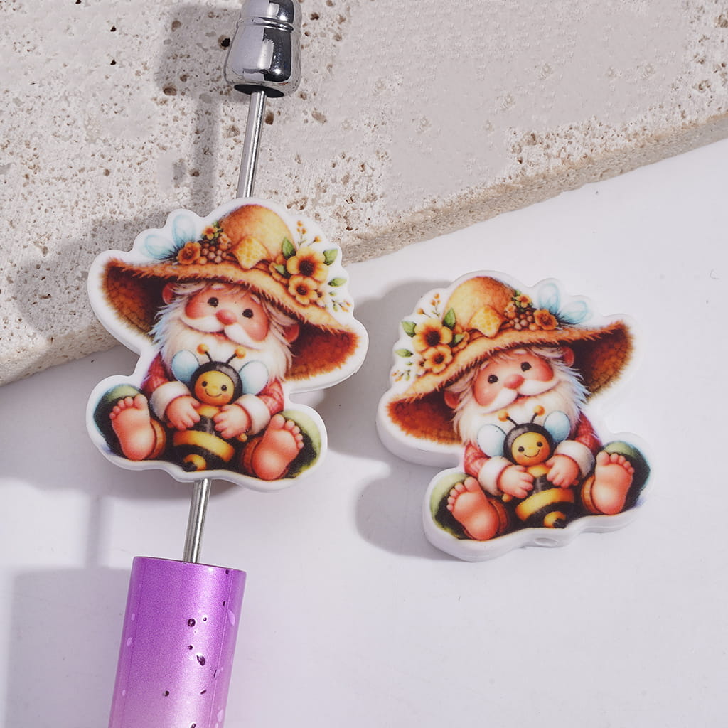 Cute Gnome Elf with Holding Honeybee Sitting Design Flat Square Shape Silicone Focal Beads