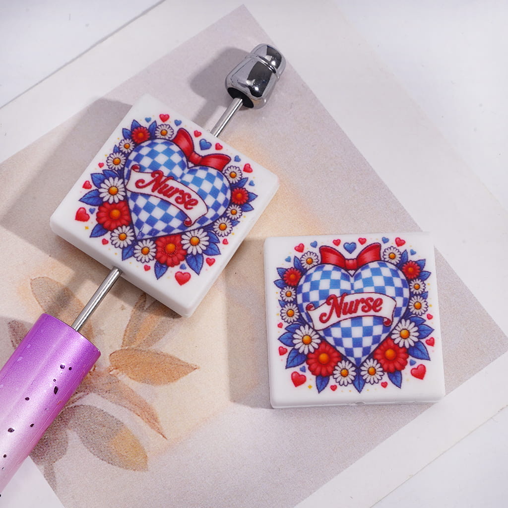 Blue & White Checkered Heart, Red Bowtie & Daisy Flowers with text Nurse Flat Square Shape Silicone Focal Bead