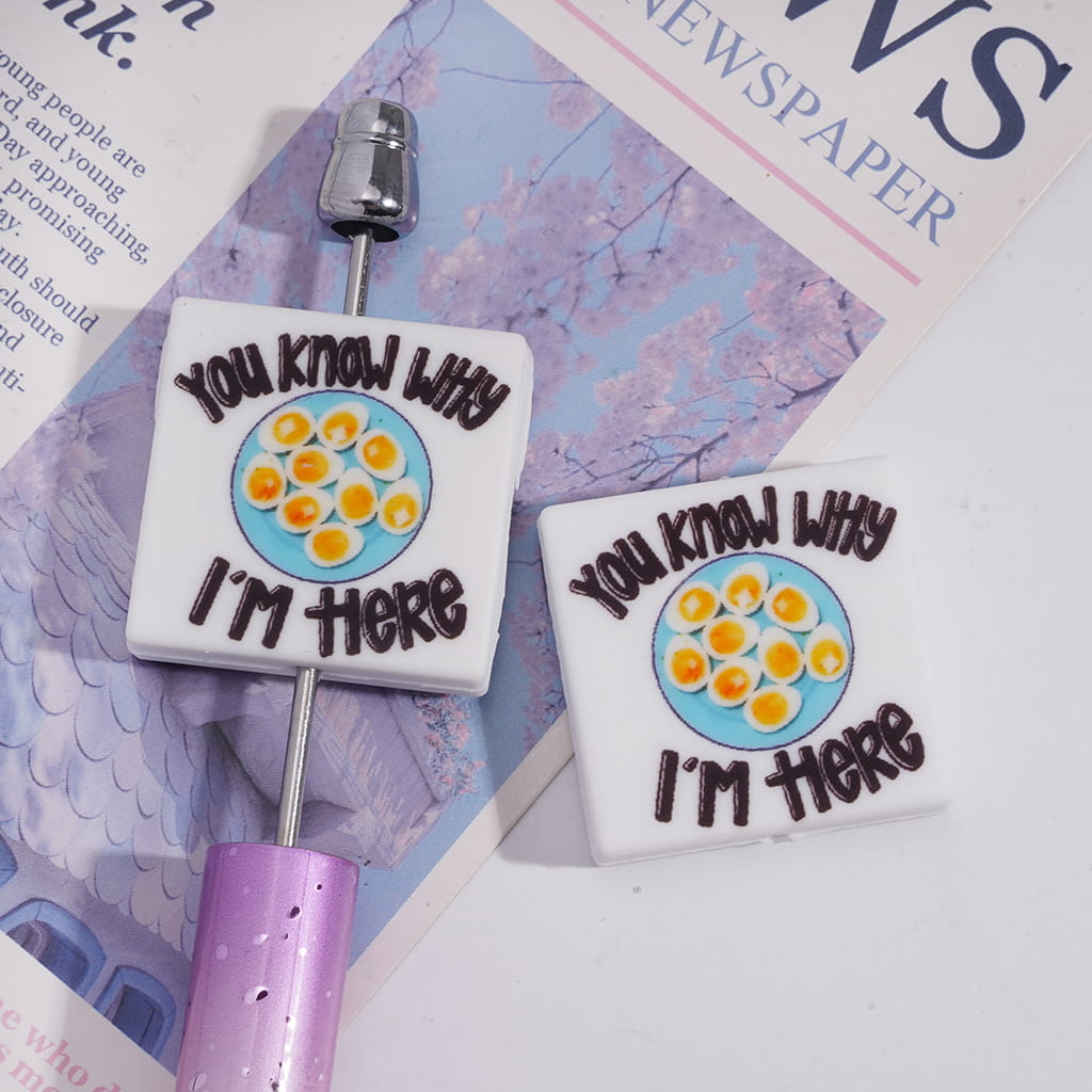 Flat Square Shape Silicone Focal Beads with Text "You Know Why I'm Here" and A Plate of Eggs, Funny Novelty