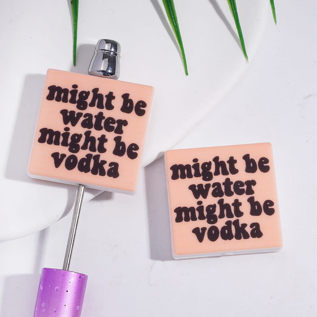 Orange Pink, Flat Square Shape Silicone Focal Beads with Text "might be water might be vodka"