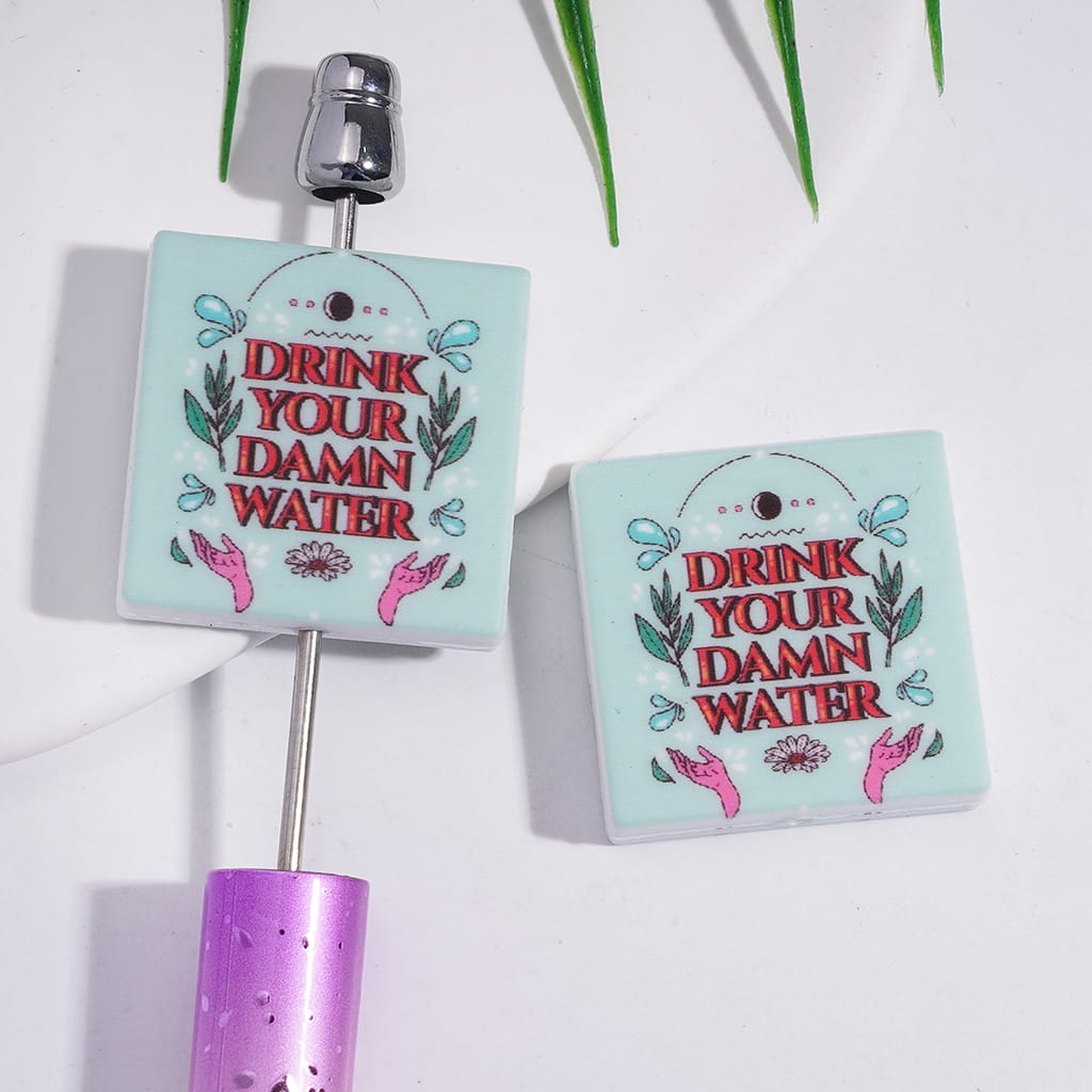 Mint Leaves Pink Hand Print on Flat Square Shape Silicone Focal Beads with Text "DRINK YOUR ... WATER"
