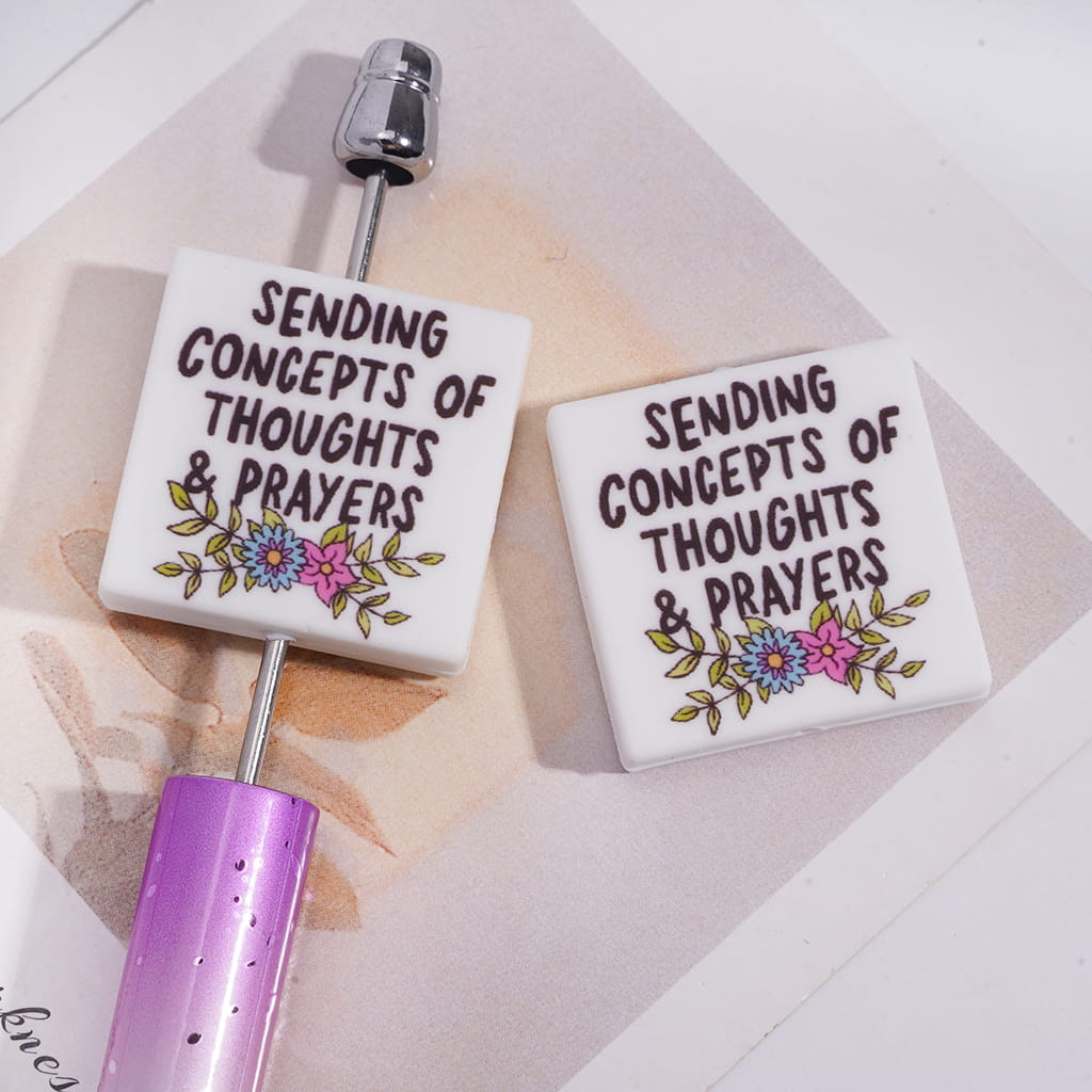 Blue Pink Flowers Leaf, with Red Text "SENDING CONCEPTS OF THOUGHTS & PRAYERS" Flat Square Shape Silicone Focal Beads