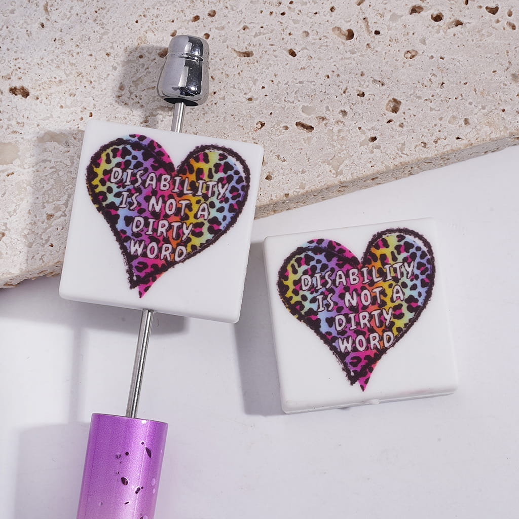 Colorful Leopard Printed Heart with text “Disability Is Not a Dirty Word” Flat Square Shape Silicone Focal Beads Random Mix