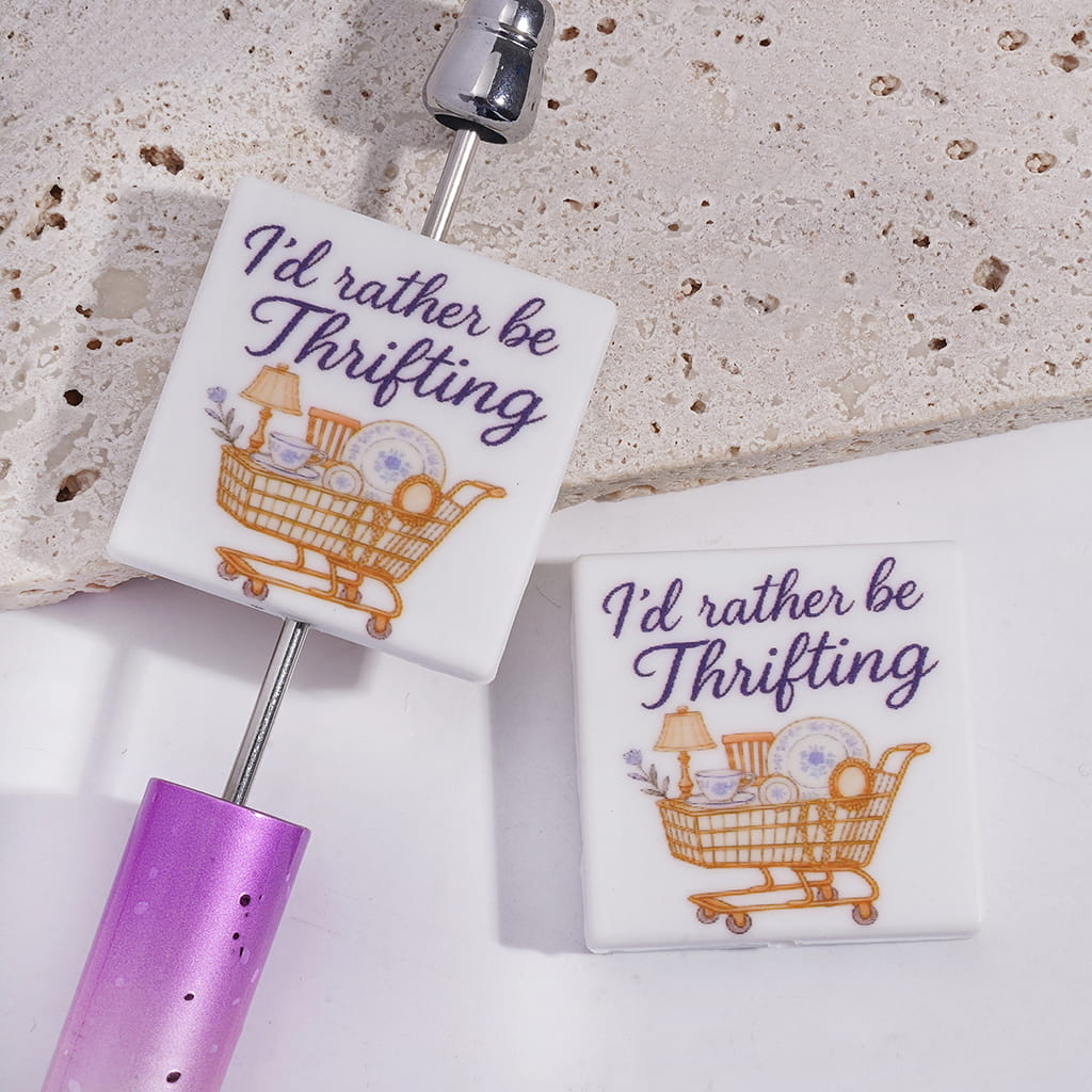 Silicone Focal Beads with Yellow Shopping Trolley & Text "I'd rather be Thrifting", Flat Square Shape