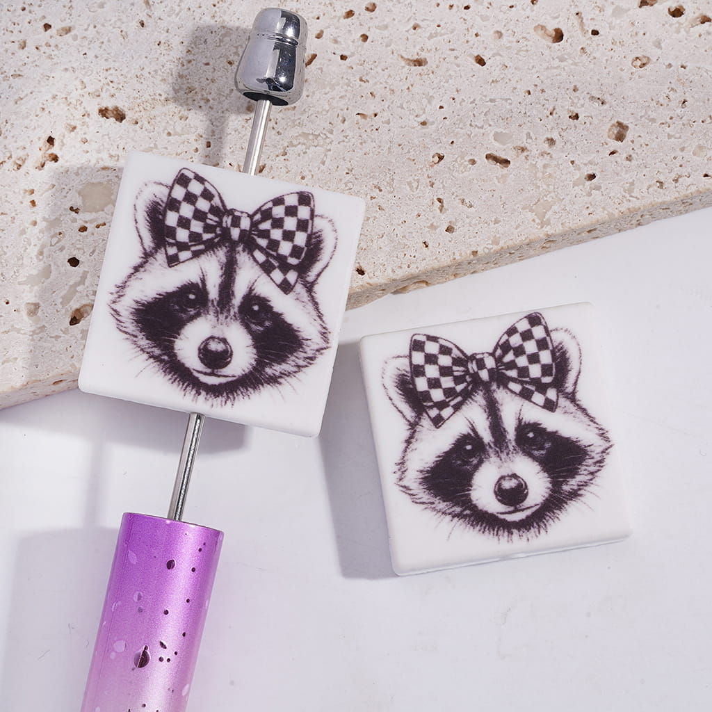 Raccoon with Black & White Checkered Bowtie Flat Square Animal Theme Silicone Focal Beads Random Mix