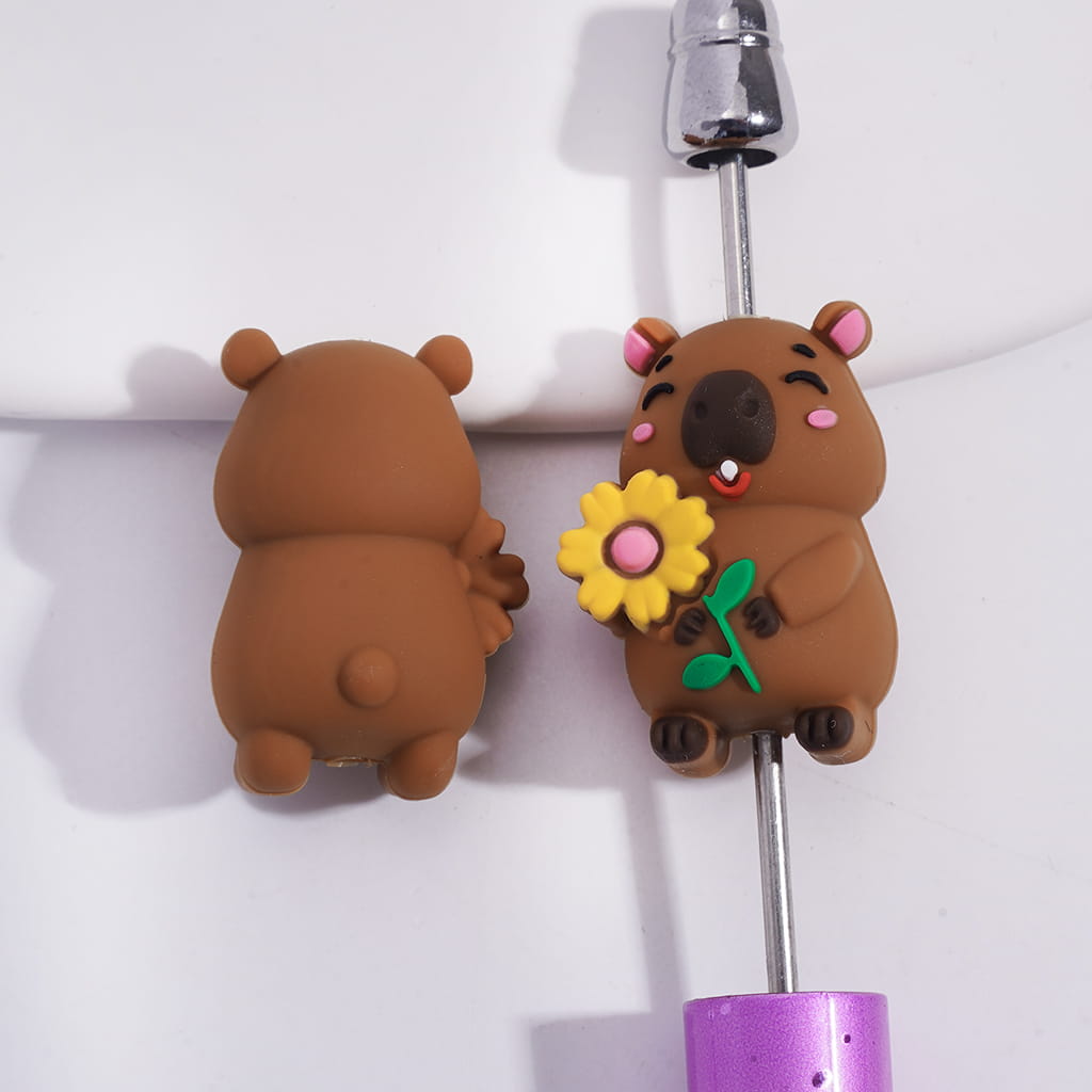 3D Cute Capybara Holding Yellow SunFlower Animal Series Silicone Focal Beads Random Mix