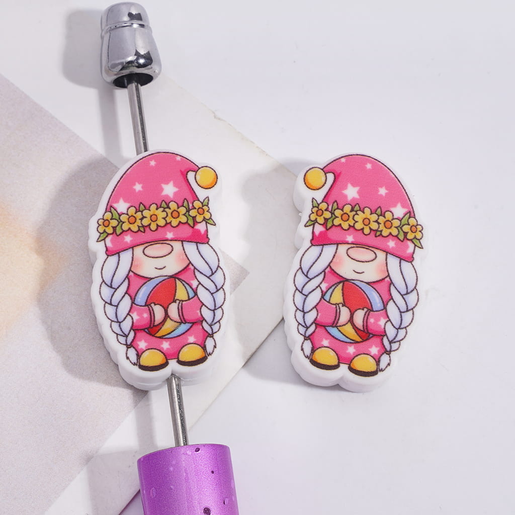 Cute Gnome Elf Holding Beach Ball with Braided Hair Design Silicone Focal Beads
