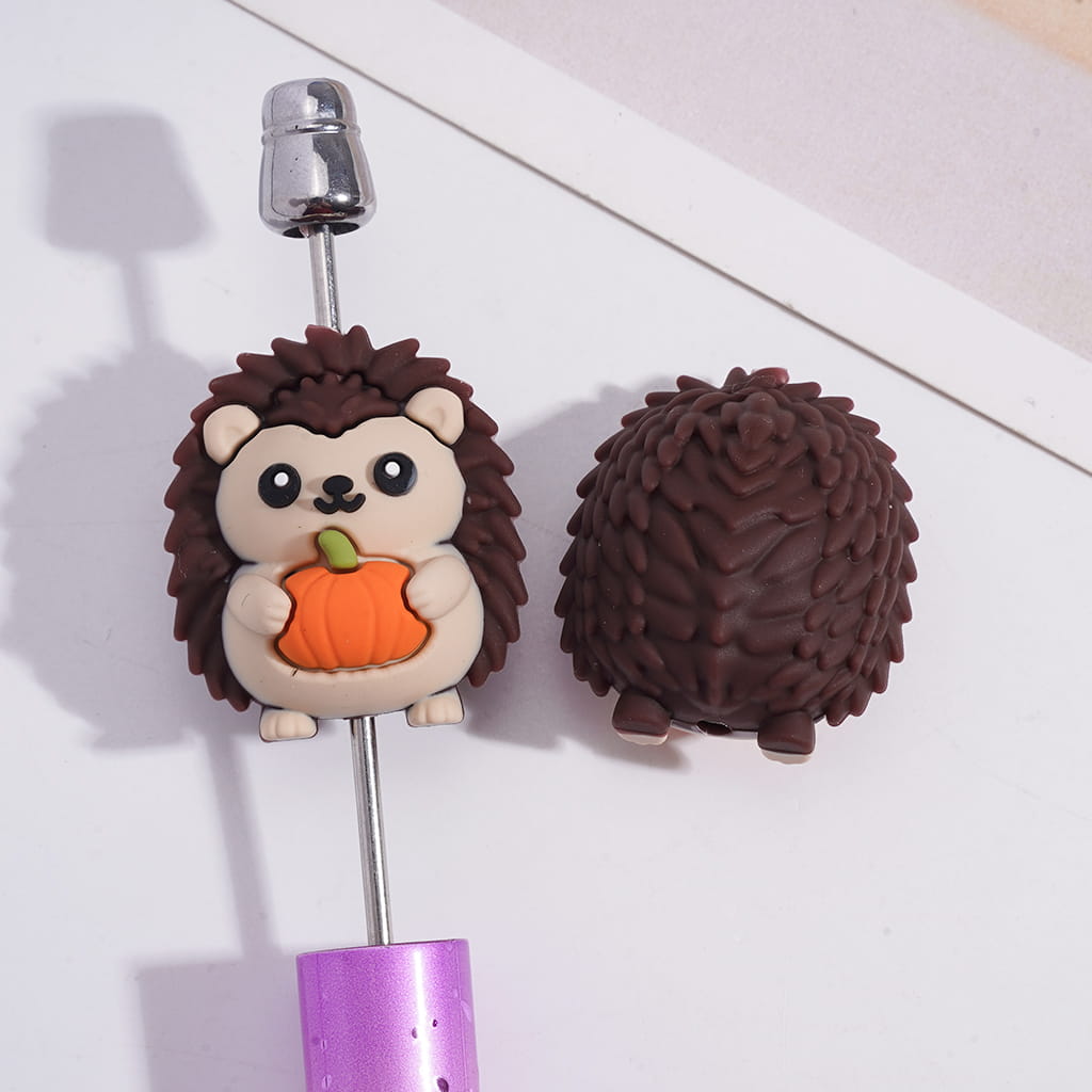 3D Cute Animal Character Lovely Hedgehog Holding Orange Pumpkin Silicone Focal Beads Random Mix