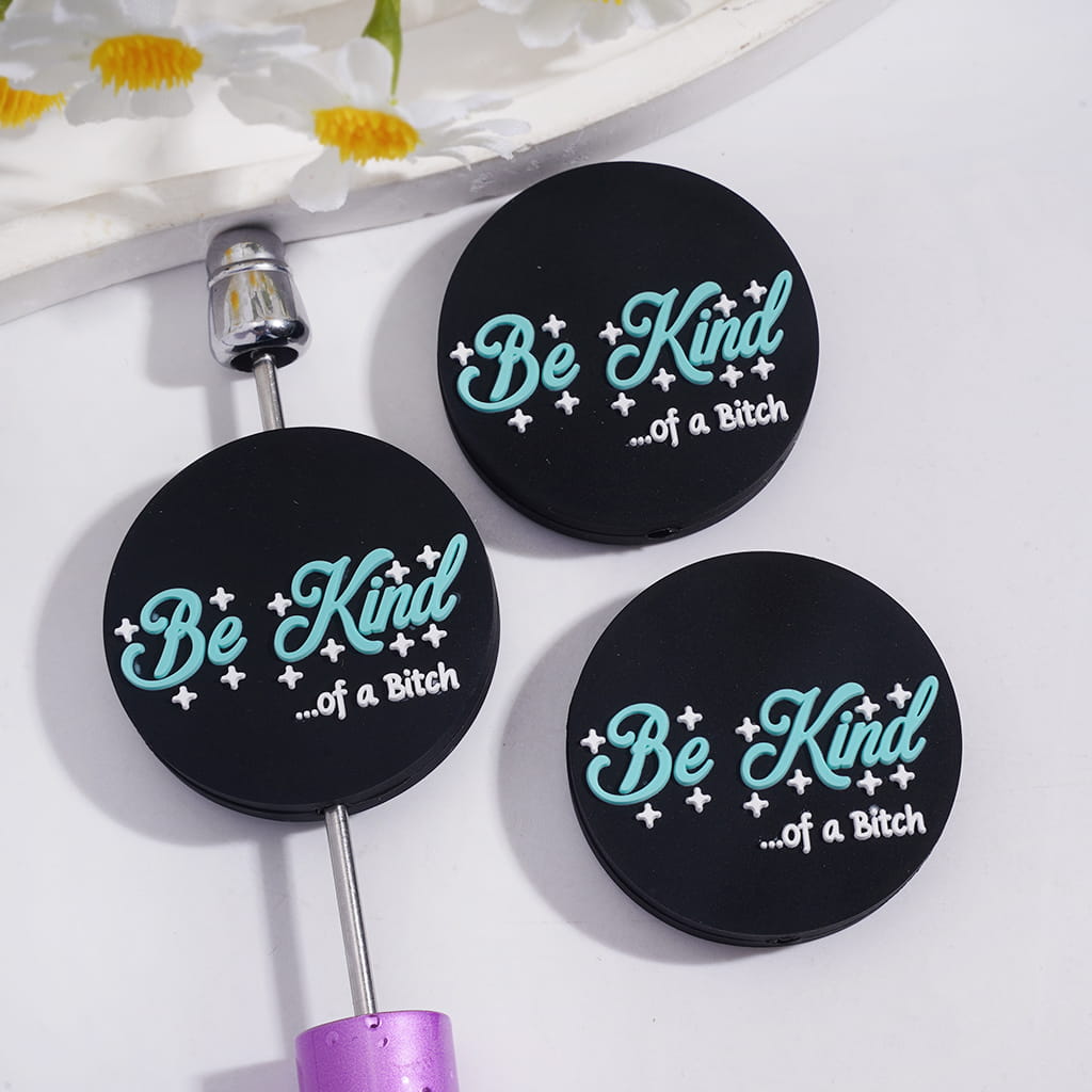 Funny Quote on Black Flat Round Shape Silicone Focal Beads with Text “Be King of Humor” & White Stars