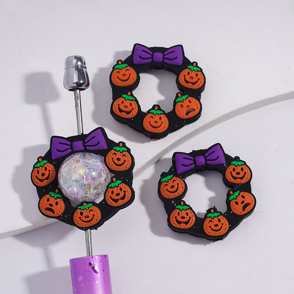 Cute Spooky Pumpkin Wreath Halloween Theme with Purple Bow on Round Frame Silicone Focal Beads