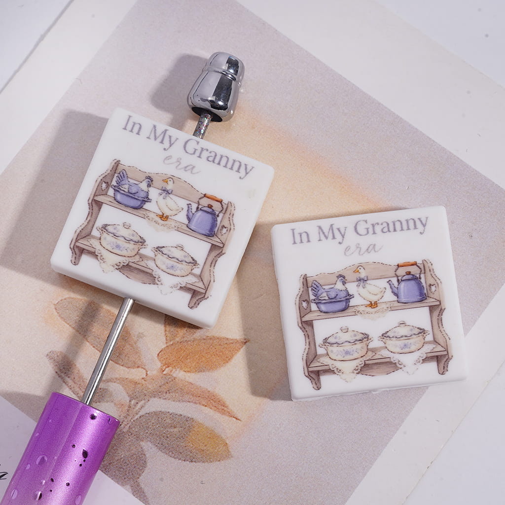 Furniture on Shelf Print with Text "IN MY Granny era" Flat Square Shape Silicone Focal Beads