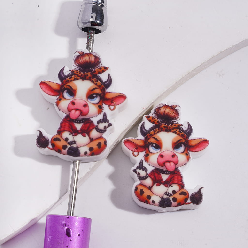 Cute Rebel Cow Character Funny Highland Stick Out Tongue and One-Finger Gesture Silicone Focal Bead