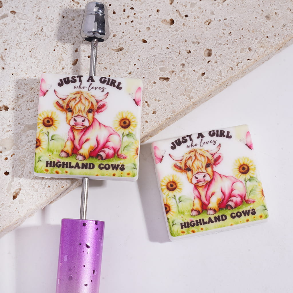 Cute Highland Cow Sunflower Grass & Funny Text "JUST A GIRL who loves HIGHLAND COWS" Print on Flat Square Shape Silicone Bead