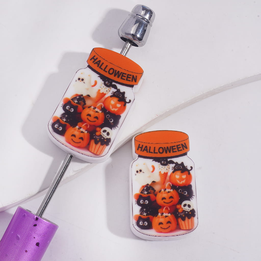 Cute Halloween Jar with Pumpkin, Bat Cat Ice-Crem Dessert Inside Silicone Focal Bead