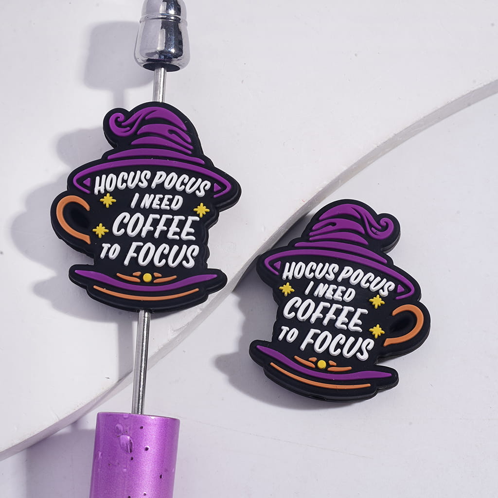Teacup with Funny Coffee Quote, Purple Witch Hat & Yellow Stars Design Halloween Theme Silicone Focal Beads