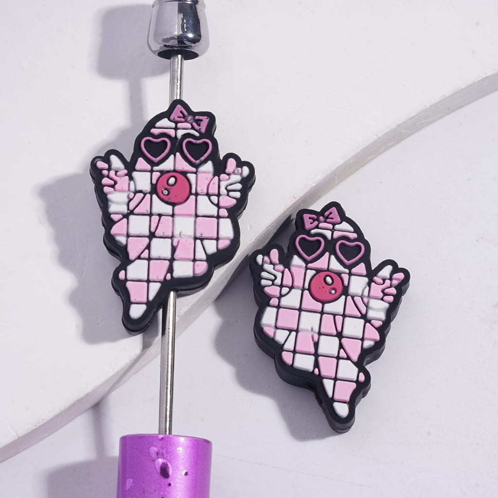 Cute Cool Ghost with Heart Glasses, Blowing Bubble, Pink & White Checkered Cloak Design Silicone Focal Beads