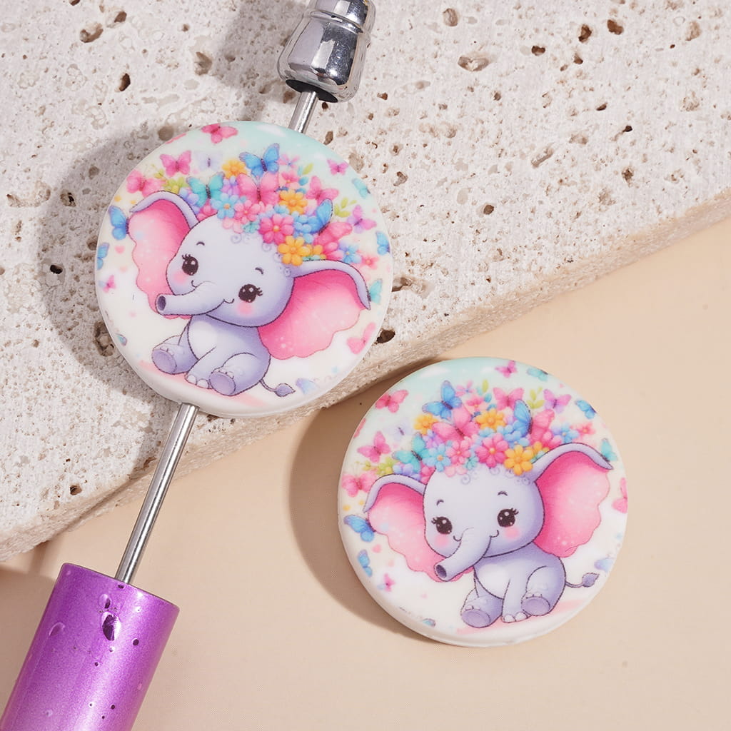 Elephant with Flower Wreath Surrounded by Butterflies, Flat Round Silicone Focal Beads