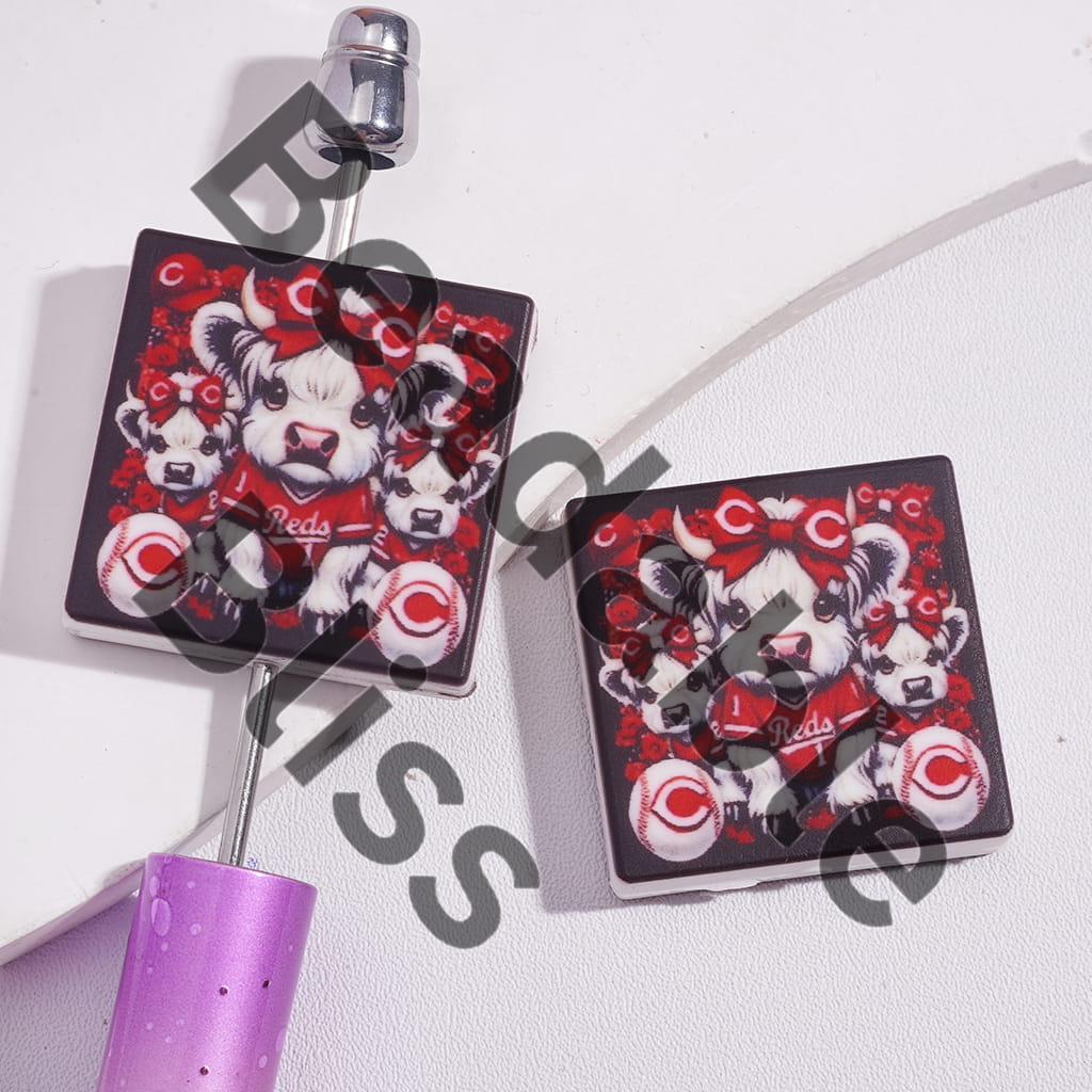 Silicone Focal Beads with American Baseball Red Cincinnati and Highland Cattle, Flat Square Shape