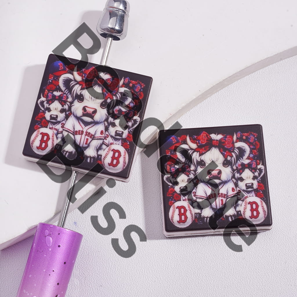 Silicone Focal Beads with Highland Cattle and American Baseball Boston Red Sock, Flat Square Shape
