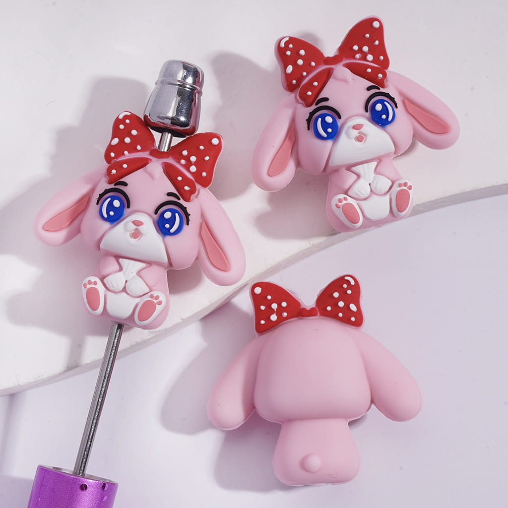 3D Cute Pink Bunny Character with Red Bow Tie & Polka Dot Silicone Focal Beads