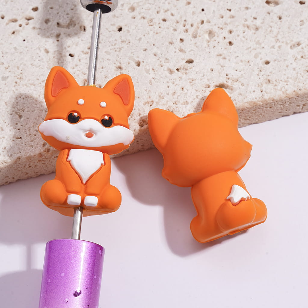 3D Cute Light Orange Fox in Sitting Pose Silicone Focal Bead