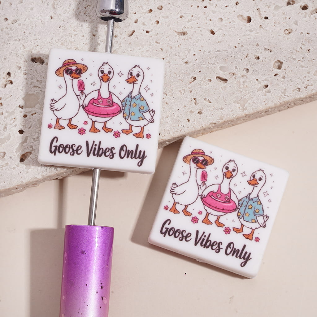 Three Goose in Casual Summer Clothes with Text "Goose Vibes Only" Flat Square Shape Silicone Focal Beads