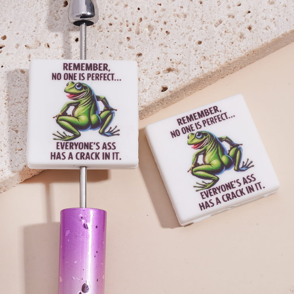 Silicone Focal Beads with Funny Green Frog and Text "REMEMB, NO ONE IS PERFECT...", Flat Square Shape