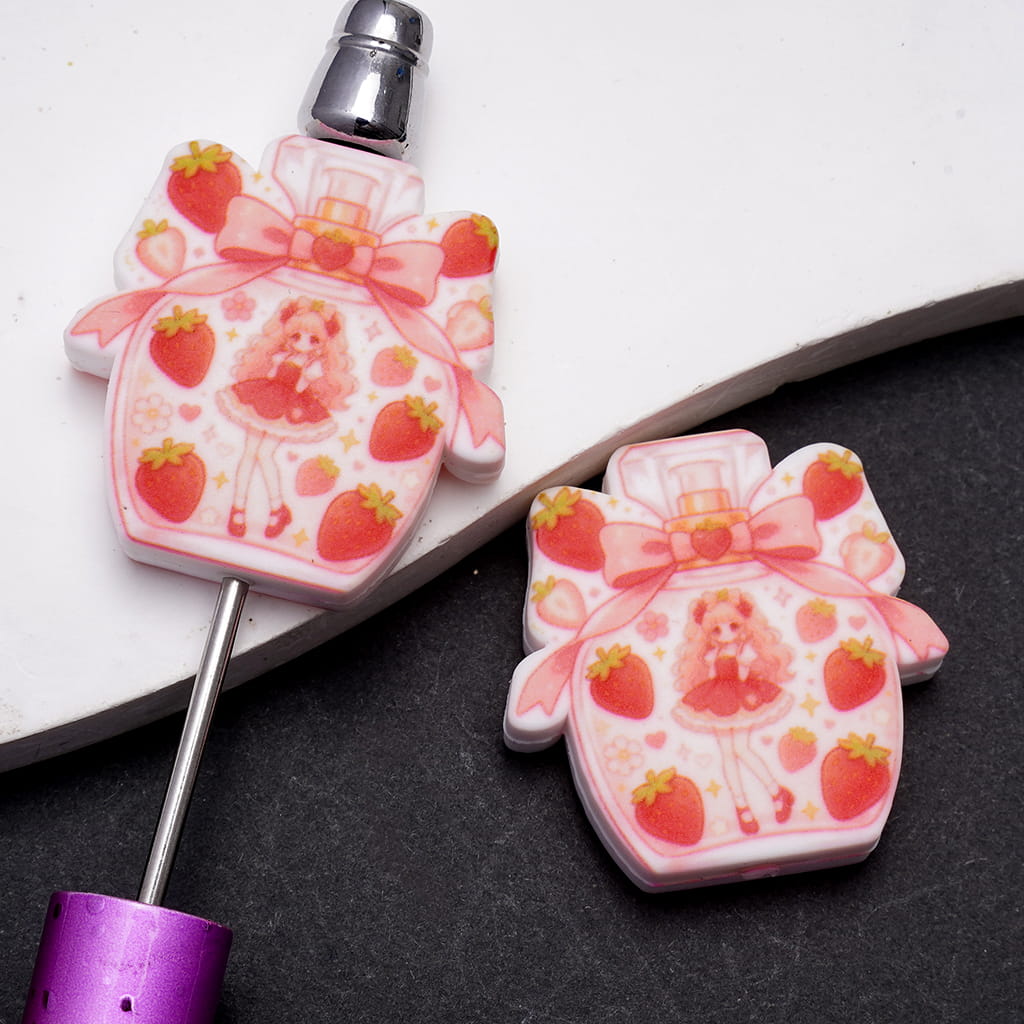 Silicone Focal Beads with Lolita clothing Girl and Strawberry, Flat Perfume Bottle Shape