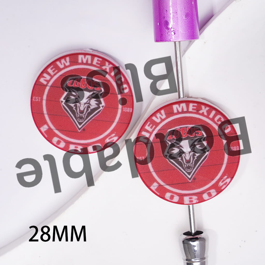 Silicone Focal Beads with American College Football Team NM Wolf Pattern, Flat Round Shape