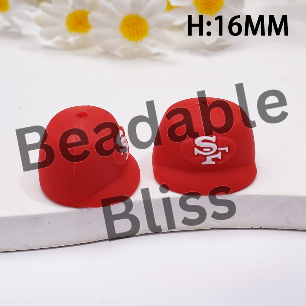 Silicone Focal Beads 3D Red Baseball Cap with American Football SF Team Print