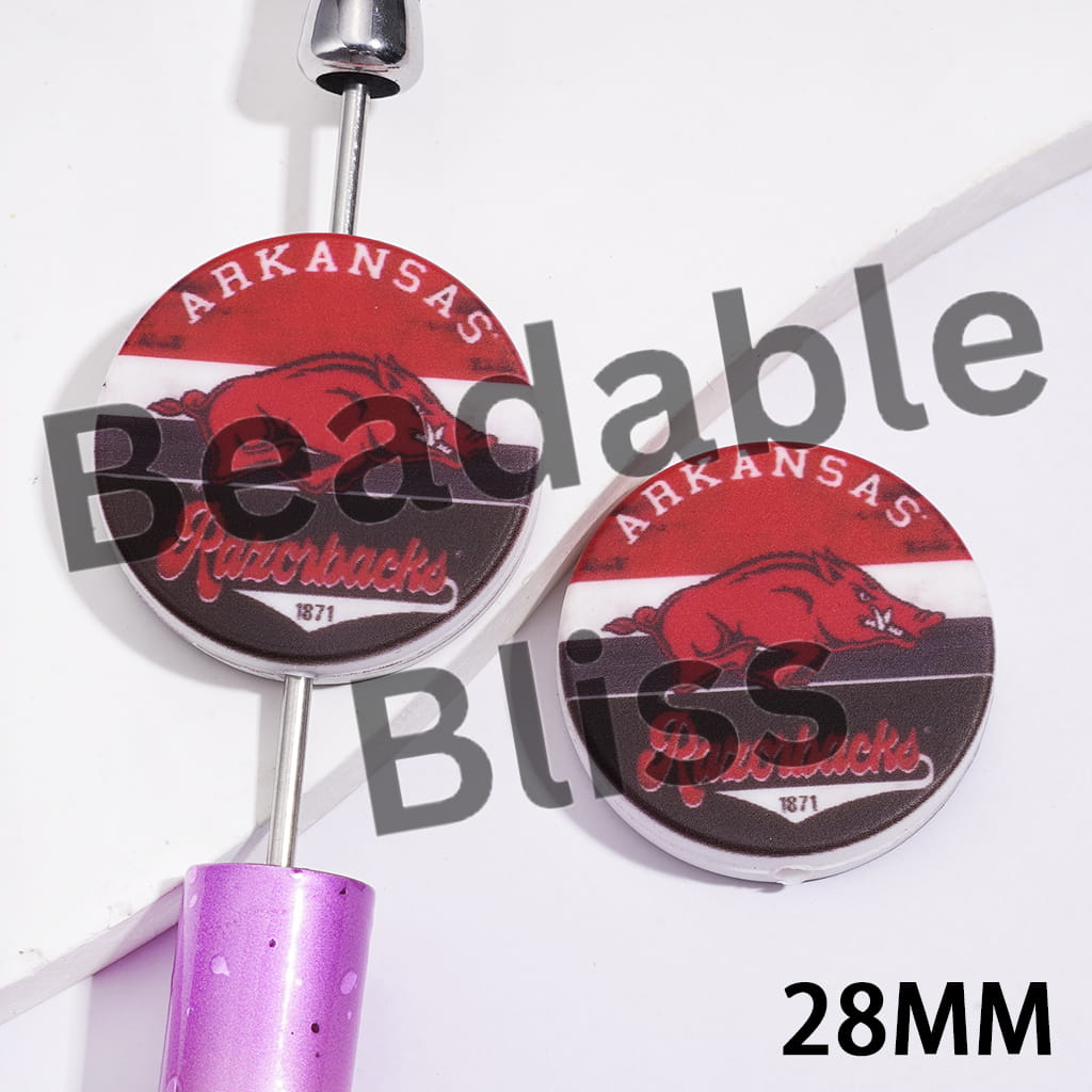 Silicone Focal Beads with USA Arkansas University Football Team Wild Boar Pattern, Flat Round Shape