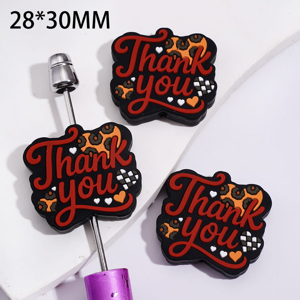 Silicone Focal Beads Text "Thank you" and Leopard Checkered Hearts