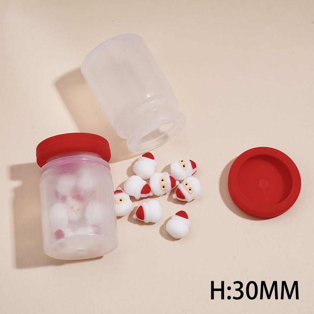 Christmas Theme Soft Silicone Shaker Beads with Red Lid, Mini Santa Claus Inside Bottle, Large Size, Clear