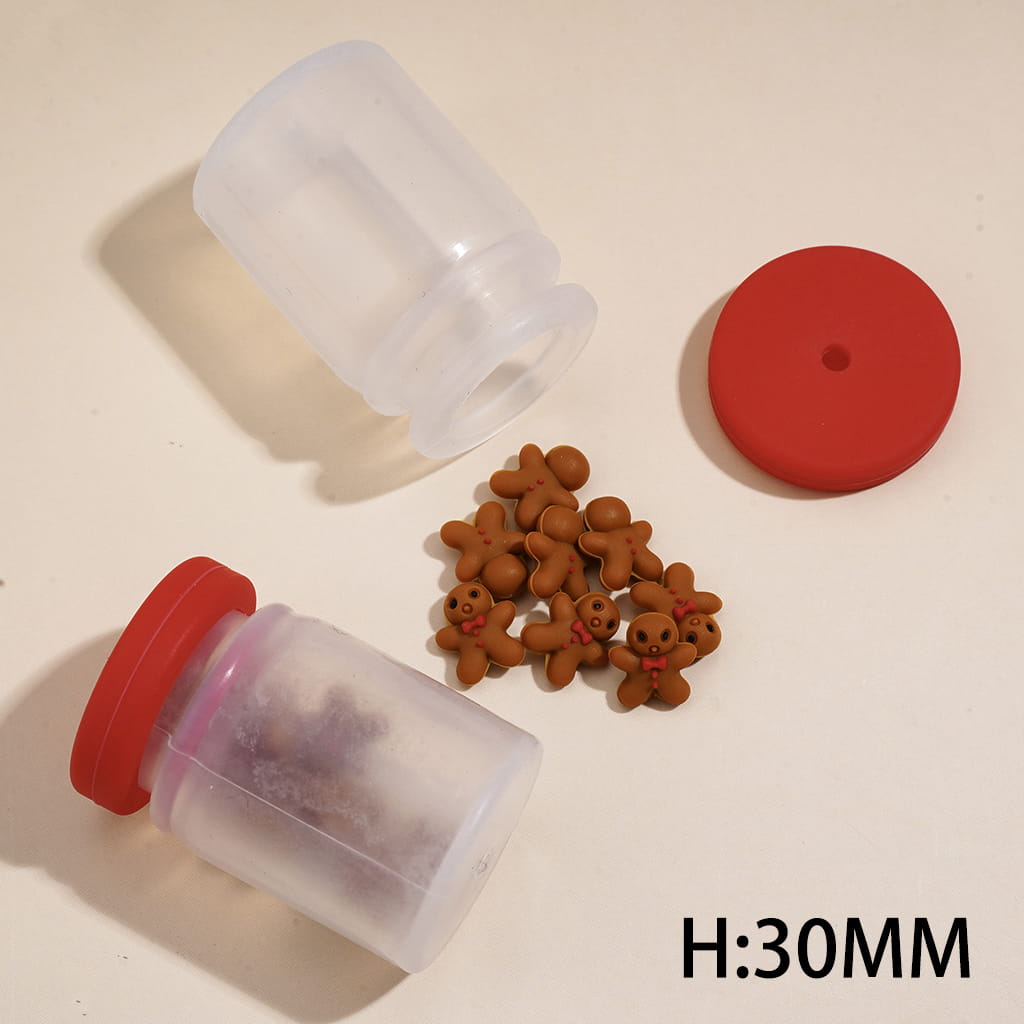 Soft Silicone Shaker Beads with Red Lid, Mini Christmas Gingerbread Inside Bottle, Large Size, Clear