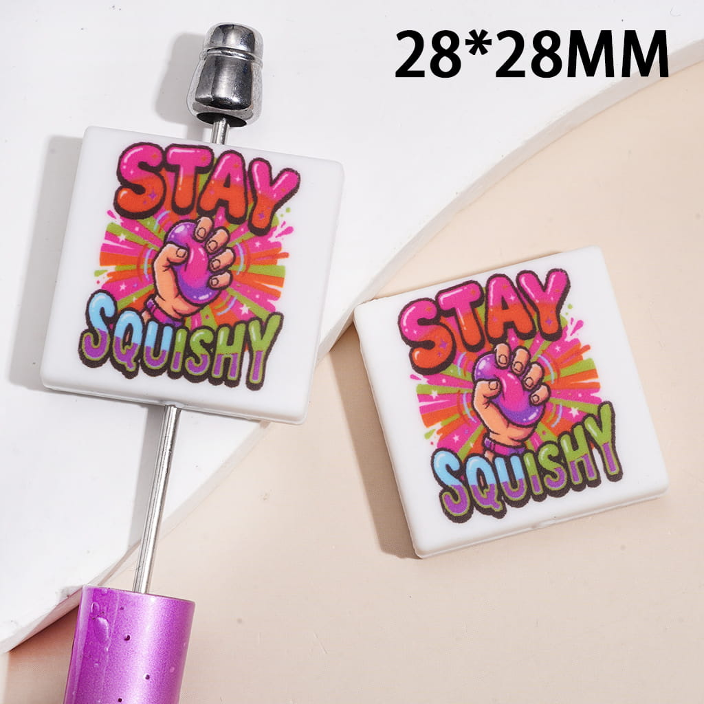 Silicone Focal Beads with Text "STAY SQUISHY" and Hand Taking Purple Vent Ball, Flat Square Shape