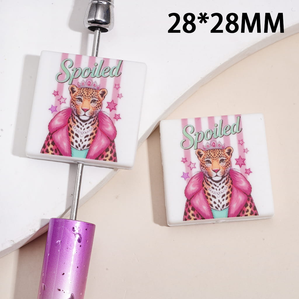 Silicone Focal Beads with Fashionable Cheetah and Text "Spoiled" and Stars, Flat Square Shape
