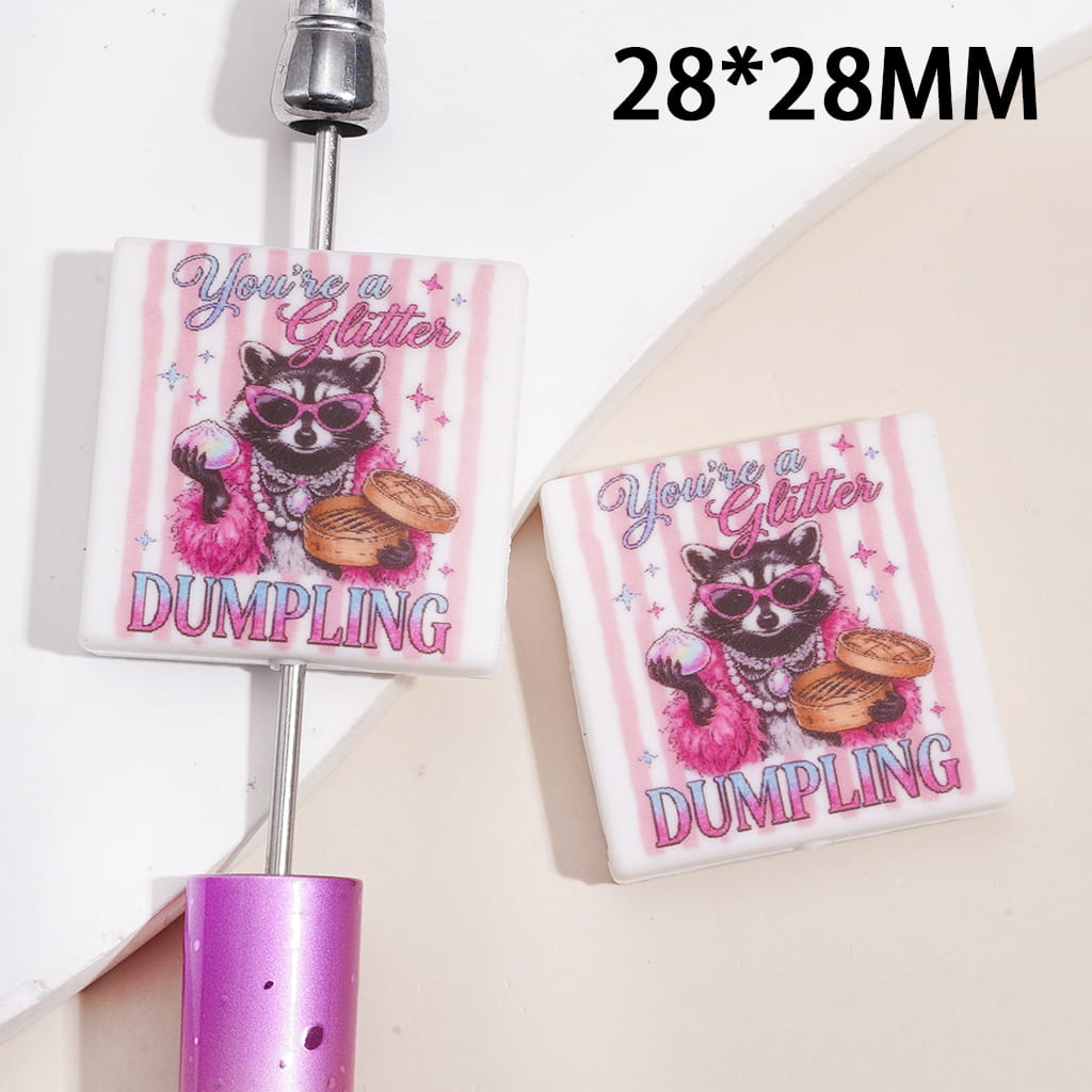 Silicone Focal Beads w Rich Raccoon Holding Dumpling Steamer Basket & Text "you 're a glitter DUMPLING", Flat Square Shape